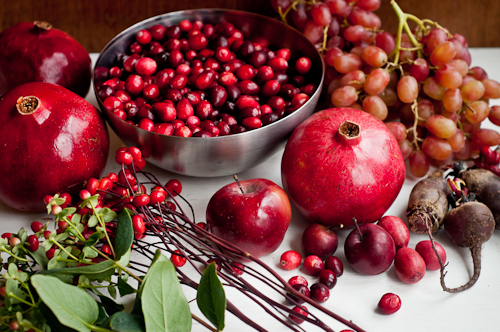 red berries, pomegranates, grapes