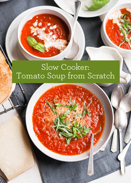 Slow Cooker Recipe: Tomato Soup from Scratch (plus Grilled Cheese with Pesto)   |   Design Mom  #crockpot