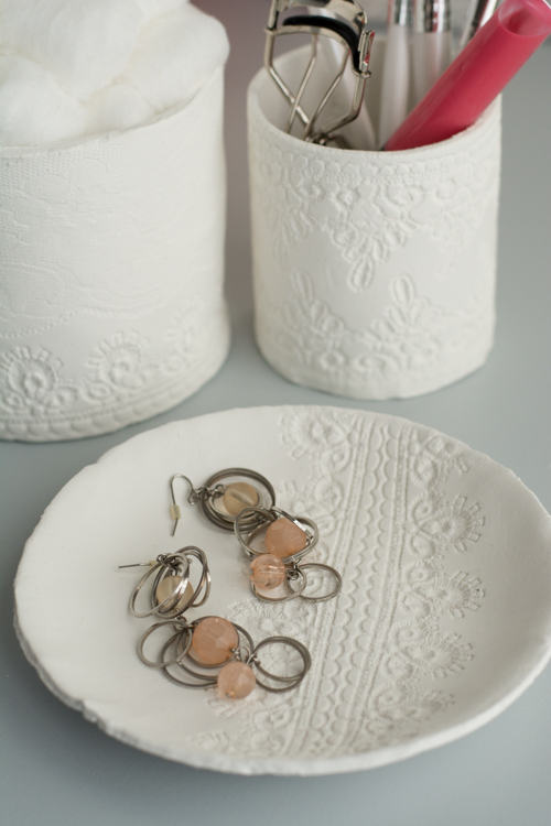 Gorgeous DIY containers with lace imprints. Made with air-dry clay they are easy as can be! | Design Mom | Lacy Clay Containers tutorial featured by popular lifestyle blogger, Gabrielle of Design Mom