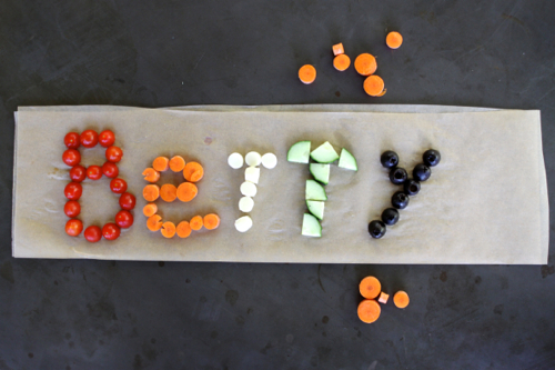 After-school snack idea: write your name with food! Easy and fun. (Raid your pantry! Use up leftovers!)