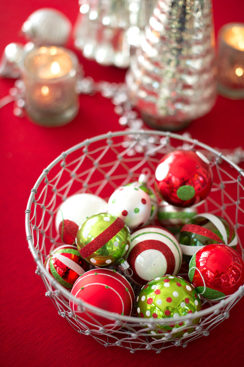 ornaments in a bowl or basket is the easiest holiday decor