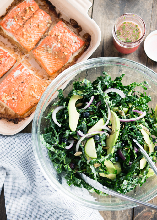baked salmon with kale salad
