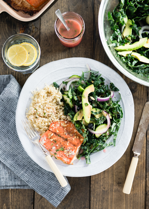 healthy baked salmon with kale salad